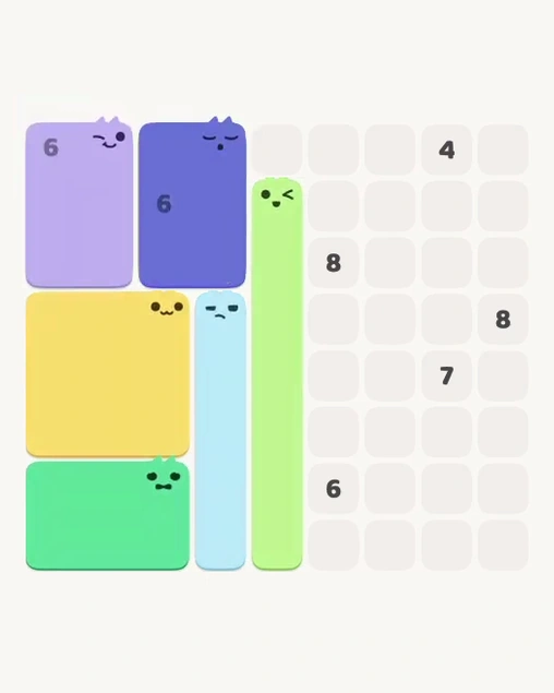 MeowBlock Level 151 after step 6, placing the 7-cell vertical block at the middle center