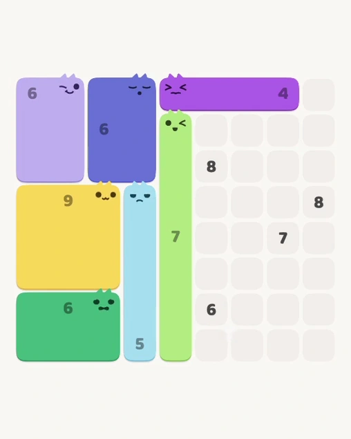 MeowBlock Level 151 after step 7, placing the 7-cell horizontal block at the upper center