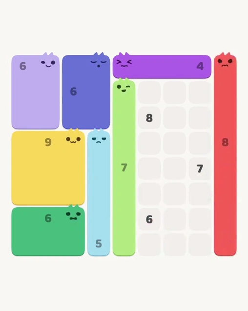 MeowBlock Level 151 after step 8, placing the 8-cell vertical block at the middle-right area
