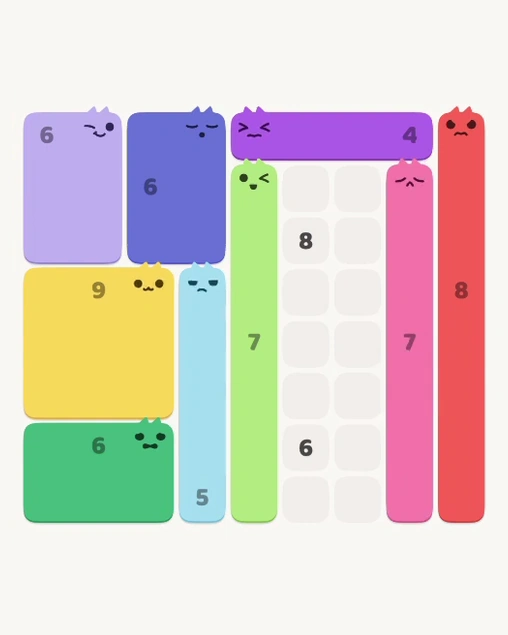 MeowBlock Level 151 after step 9, placing the 7-cell vertical block at the middle-right area