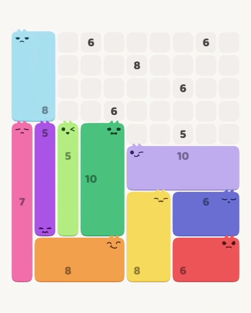 MeowBlock Level 152 after step 10, placing the 8-cell rectangular block at the upper-left area