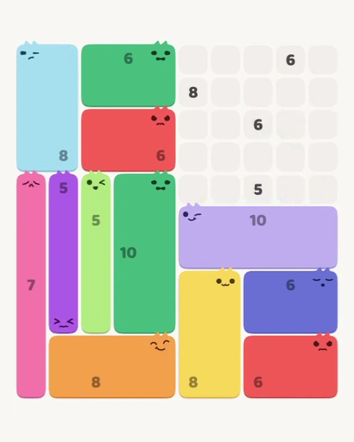 MeowBlock Level 152 after step 12, placing the 6-cell rectangular block at the upper center