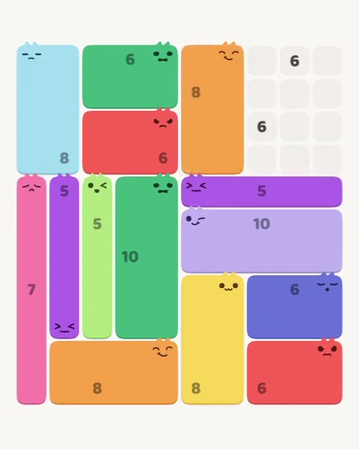 MeowBlock Level 152 after step 14, placing the 8-cell rectangular block at the upper center