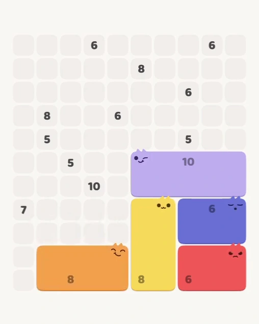MeowBlock Level 152 after step 5, placing the 8-cell rectangular block at the lower center