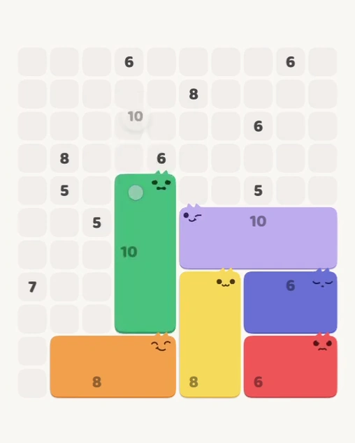 MeowBlock Level 152 after step 6, placing the 10-cell rectangular block at the middle center