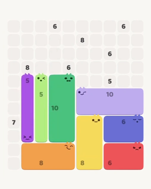 MeowBlock Level 152 after step 8, placing the 5-cell vertical block at the middle-left area