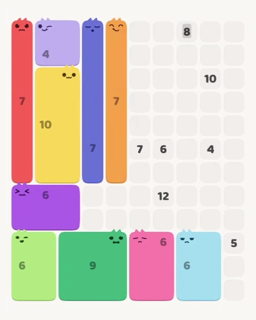 MeowBlock Level 153 after step 10, placing the 7-cell vertical block at the upper center