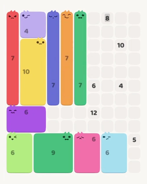 MeowBlock Level 153 after step 11, placing the 7-cell vertical block at the upper center