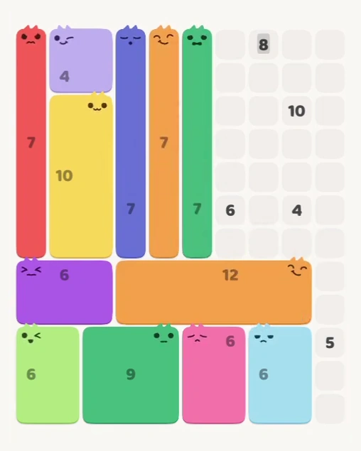 MeowBlock Level 153 after step 12, placing the 12-cell rectangular block at the lower center