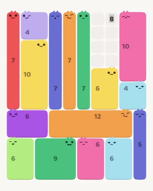 MeowBlock Level 153 after step 16, placing the 10-cell rectangular block at the upper-right area