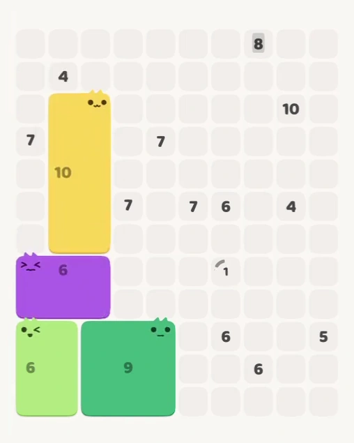 MeowBlock Level 153 after step 4, placing the 10-cell rectangular block at the middle-left area