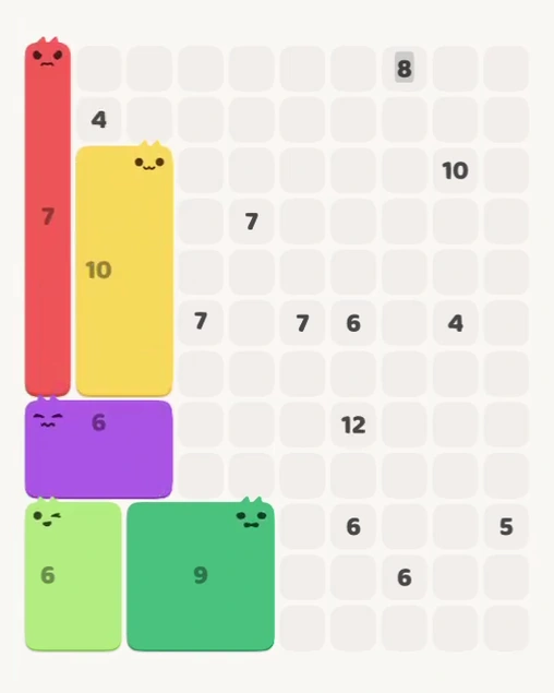MeowBlock Level 153 after step 5, placing the 7-cell vertical block at the upper-left area