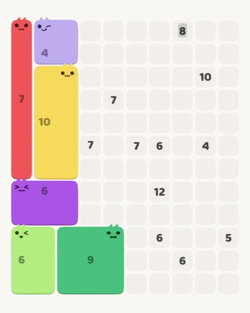 MeowBlock Level 153 after step 6, placing the 4-cell square block at the upper-left area