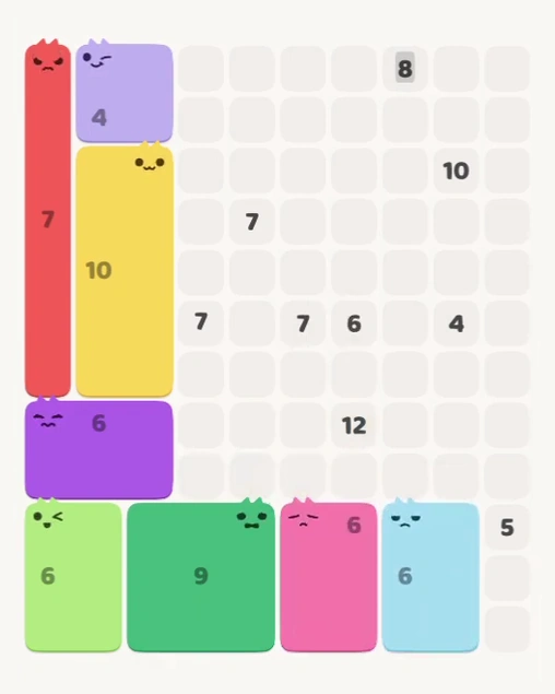 MeowBlock Level 153 after step 8, placing the 6-cell rectangular block at the lower center