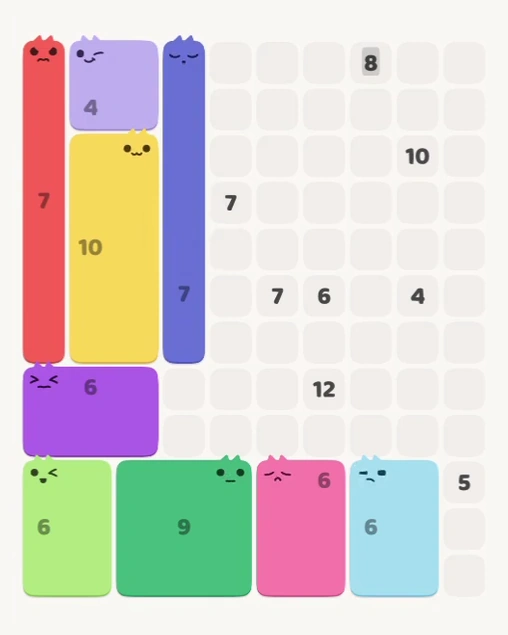 MeowBlock Level 153 after step 9, placing the 7-cell vertical block at the upper center