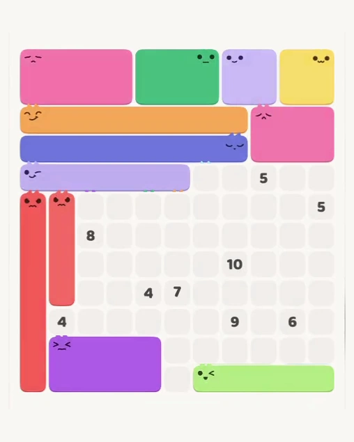 MeowBlock Level 154 after step 12, placing the 8-cell rectangular block at the lower-left area
