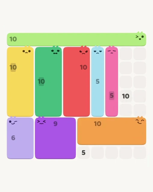 MeowBlock Level 156 after step 9, placing the 10-cell rectangular block at the lower-right area