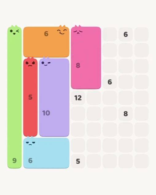 MeowBlock Level 157 after step 6, placing the 8-cell rectangular block at the upper center