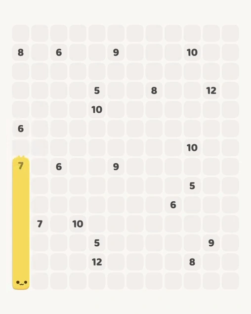 MeowBlock Level 158 after step 1, placing the 7-cell vertical block at the lower-left area