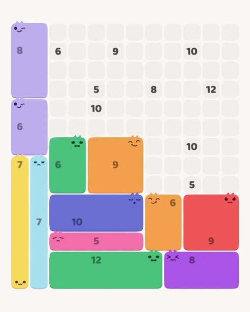 MeowBlock Level 158 after step 12, placing the 6-cell rectangular block at the middle center