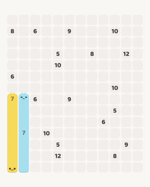 MeowBlock Level 158 after step 2, placing the 7-cell vertical block at the lower-left area