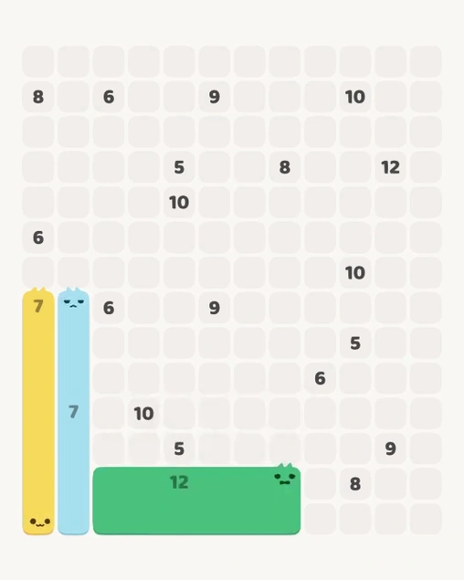 MeowBlock Level 158 after step 3, placing the 12-cell rectangular block at the lower center