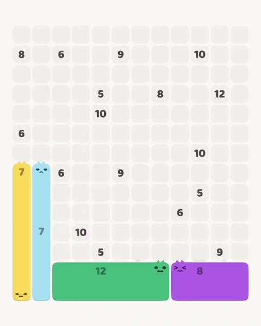MeowBlock Level 158 after step 4, placing the 8-cell rectangular block at the lower-right area