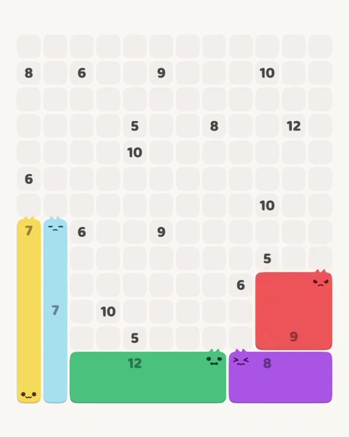 MeowBlock Level 158 after step 5, placing the 9-cell square block at the lower-right area