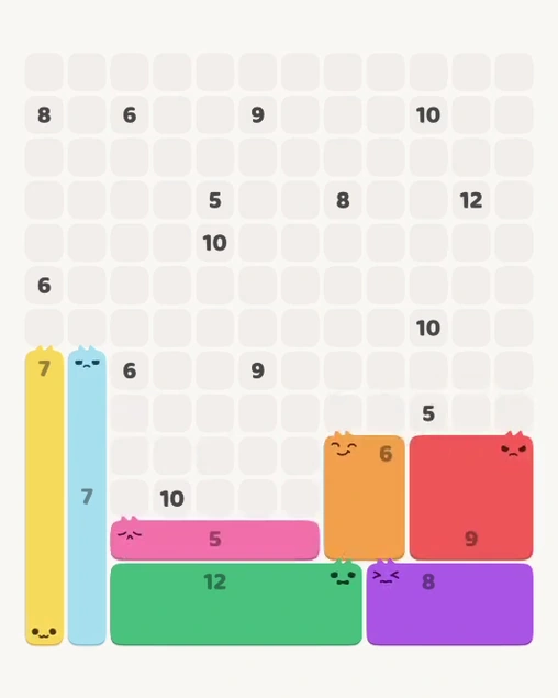 MeowBlock Level 158 after step 7, placing the 5-cell horizontal block at the lower center