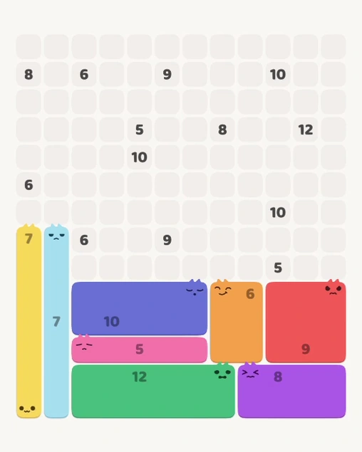 MeowBlock Level 158 after step 8, placing the 10-cell rectangular block at the lower center