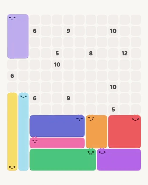 MeowBlock Level 158 after step 9, placing the 8-cell rectangular block at the upper-left area