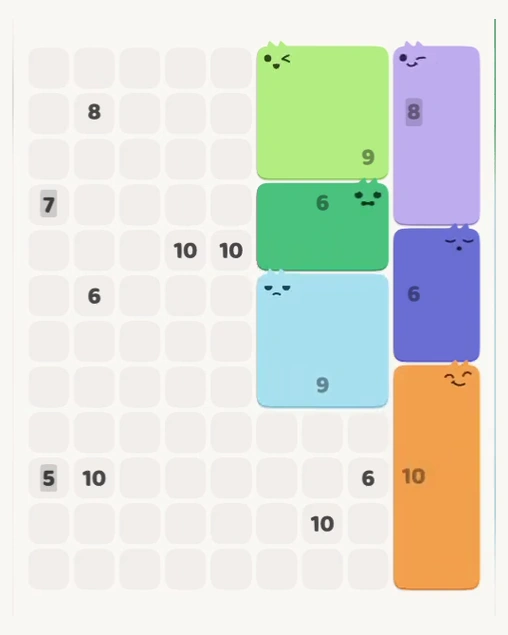 MeowBlock Level 159 after step 6, placing the 10-cell rectangular block at the lower-right area