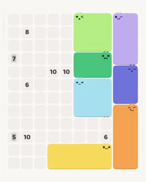 MeowBlock Level 159 after step 7, placing the 10-cell rectangular block at the lower center