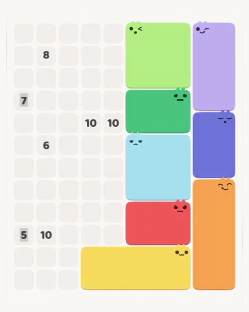 MeowBlock Level 159 after step 8, placing the 6-cell rectangular block at the lower-right area