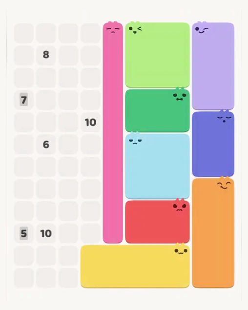 MeowBlock Level 159 after step 9, placing the 10-cell vertical block at the middle center