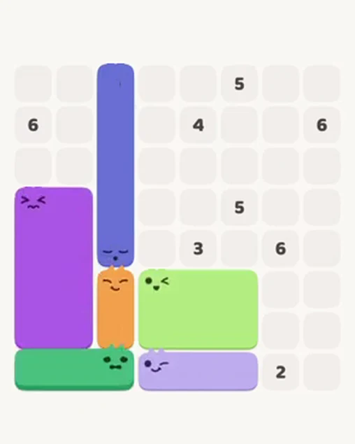MeowBlock Level 16 after step 6, placing the 5-cell vertical block at the middle center