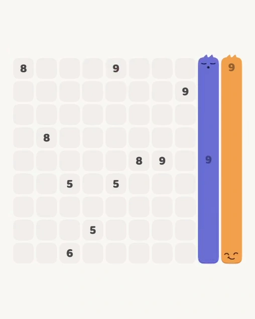MeowBlock Level 164 after step 2, placing the 9-cell vertical block at the middle-right area
