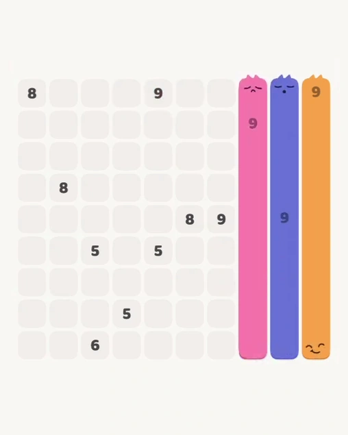 MeowBlock Level 164 after step 3, placing the 9-cell vertical block at the middle-right area
