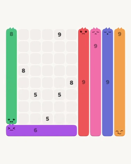 MeowBlock Level 164 after step 6, placing the 8-cell vertical block at the middle-left area