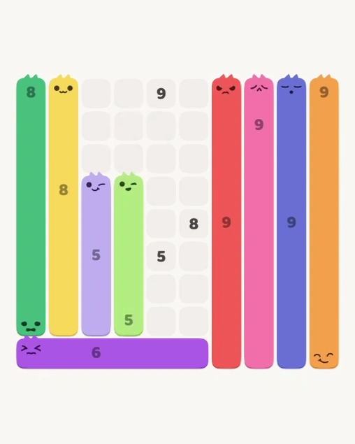 MeowBlock Level 164 after step 9, placing the 5-cell vertical block at the lower center