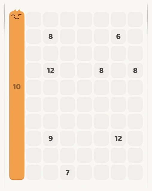 MeowBlock Level 165 after step 1, placing the 10-cell vertical block at the middle-left area