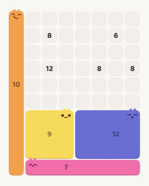 MeowBlock Level 165 after step 4, placing the 12-cell rectangular block at the lower-right area