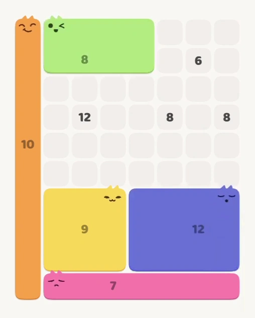MeowBlock Level 165 after step 5, placing the 8-cell rectangular block at the upper center