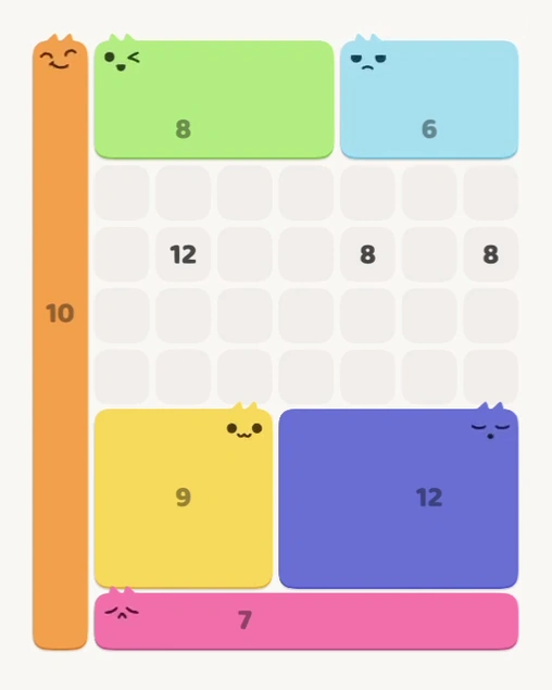 MeowBlock Level 165 after step 6, placing the 6-cell rectangular block at the upper-right area