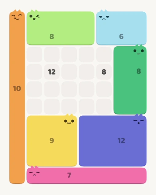 MeowBlock Level 165 after step 7, placing the 8-cell rectangular block at the middle-right area