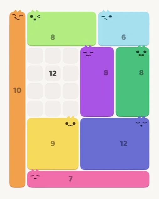 MeowBlock Level 165 after step 8, placing the 8-cell rectangular block at the middle-right area