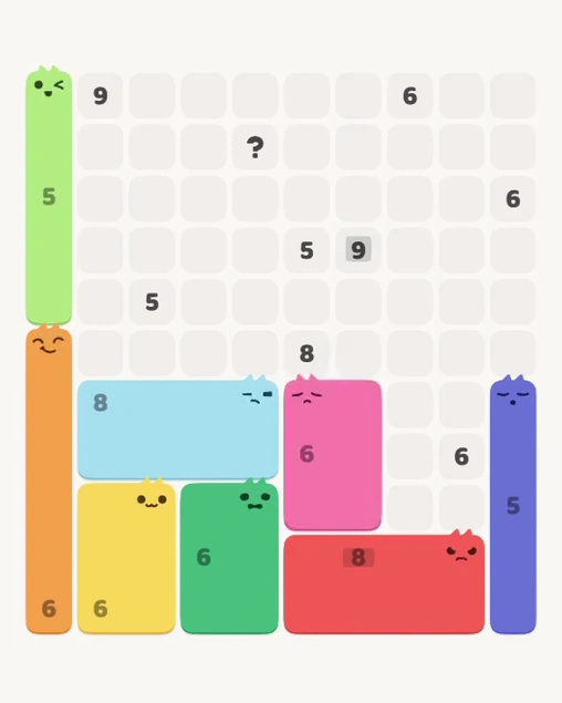 MeowBlock Level 167 after step 8, placing the 6-cell rectangular block at the lower center