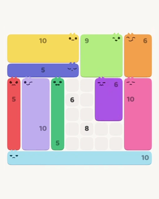 MeowBlock Level 168 after step 10, placing the 6-cell rectangular block at the middle-right area
