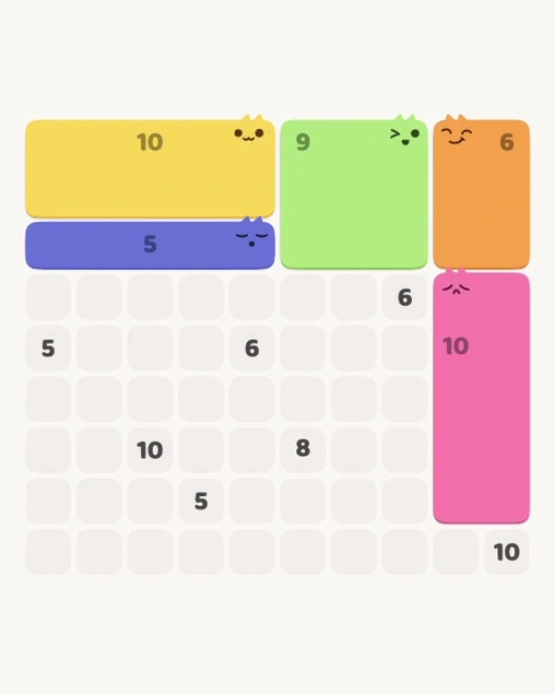 MeowBlock Level 168 after step 5, placing the 10-cell rectangular block at the lower-right area