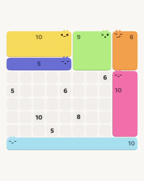 MeowBlock Level 168 after step 6, placing the 10-cell horizontal block at the lower center